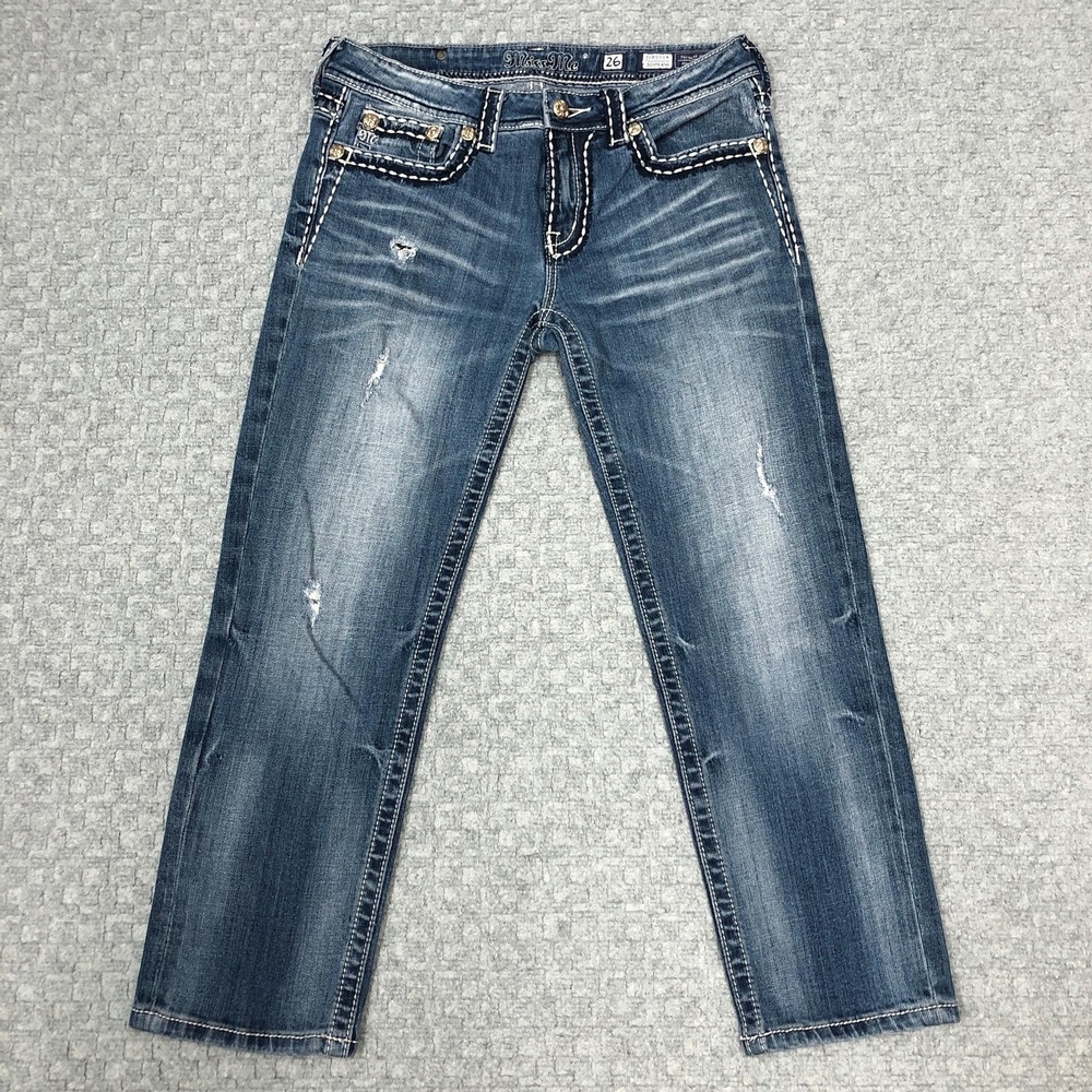 Miss Me Boyfriend Jeans Womens 26 Blue Mid Rise Distressed Stretch Denim Casual